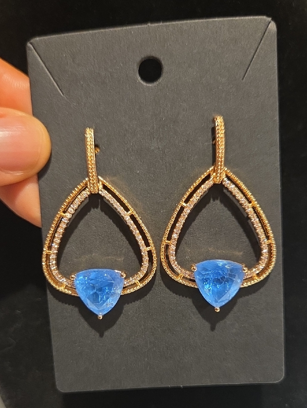 Gold-Tone Teardrop Earrings with Blue Gemstone